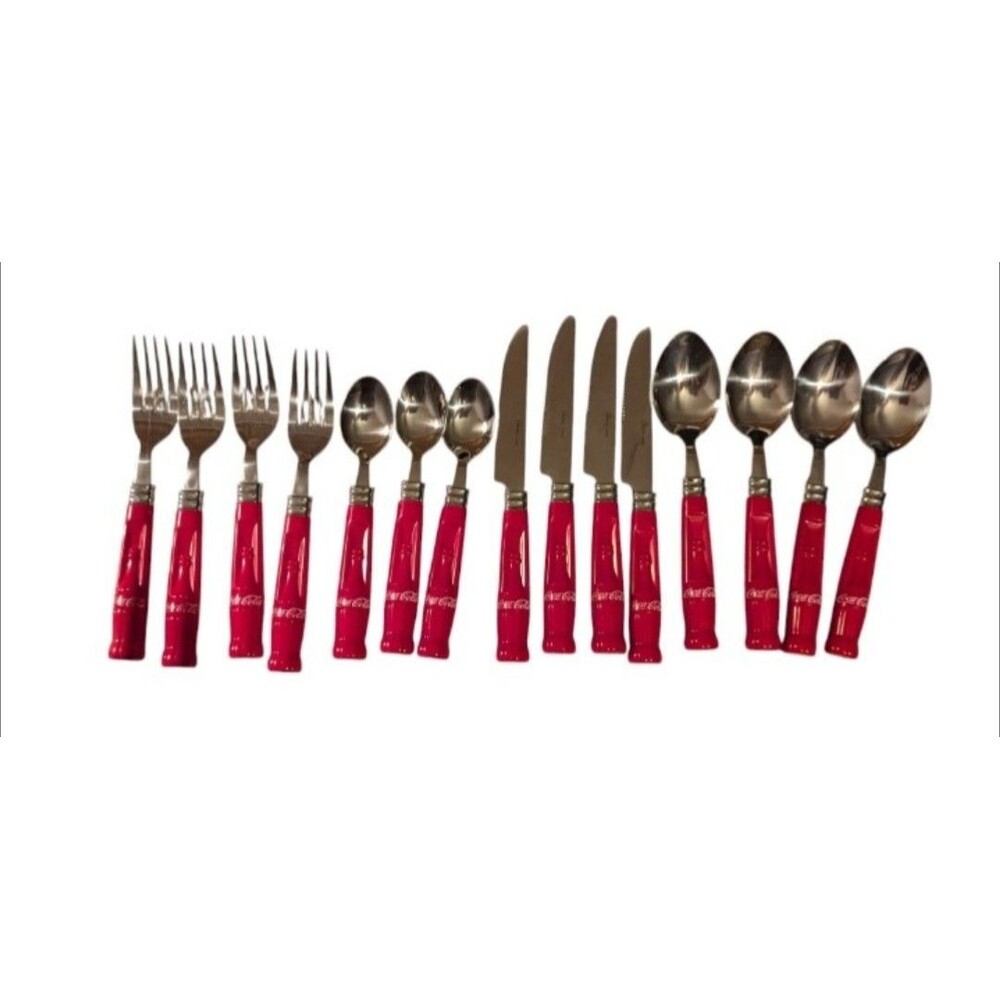 Boxed Gibson Coca-Cola 15 Piece Flatware Set for 4 Red Stainless Steel Vintage
